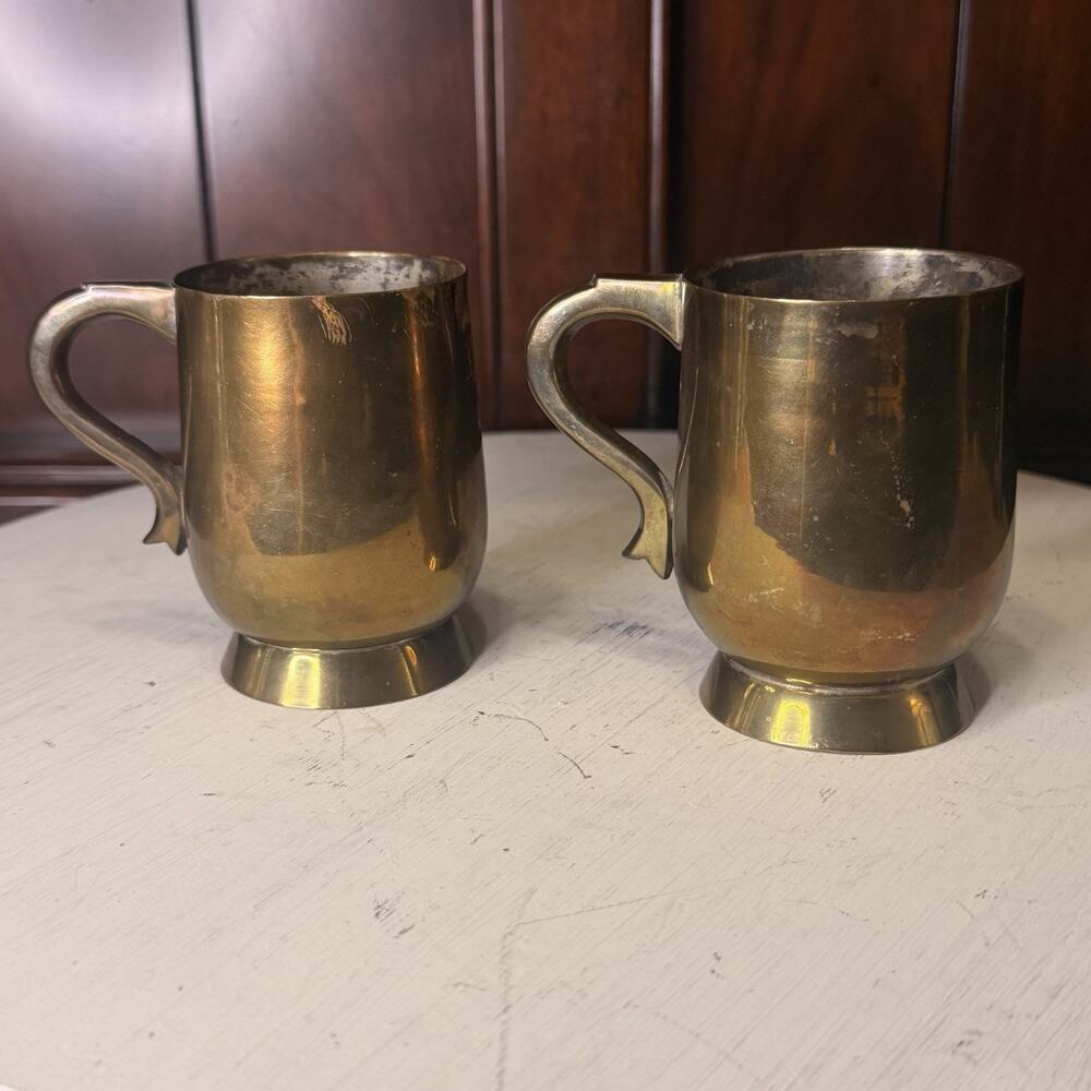 Vintage Footed Brass Tankards Mugs Cups with Handle Made in India Set Of 2